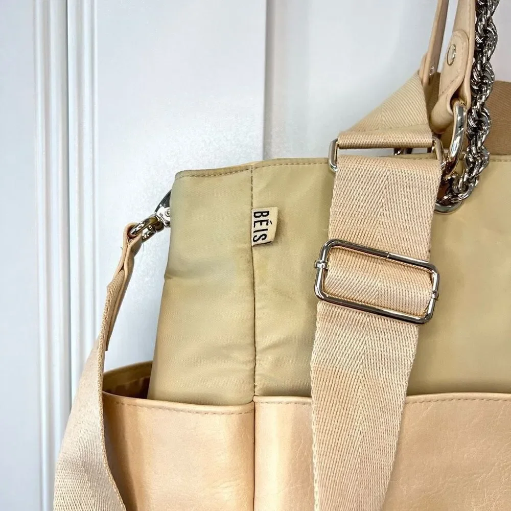 Beis The Baby Bag in Beige Buffalo Trim Vegan Leather 5 Pockets Gold Hardware